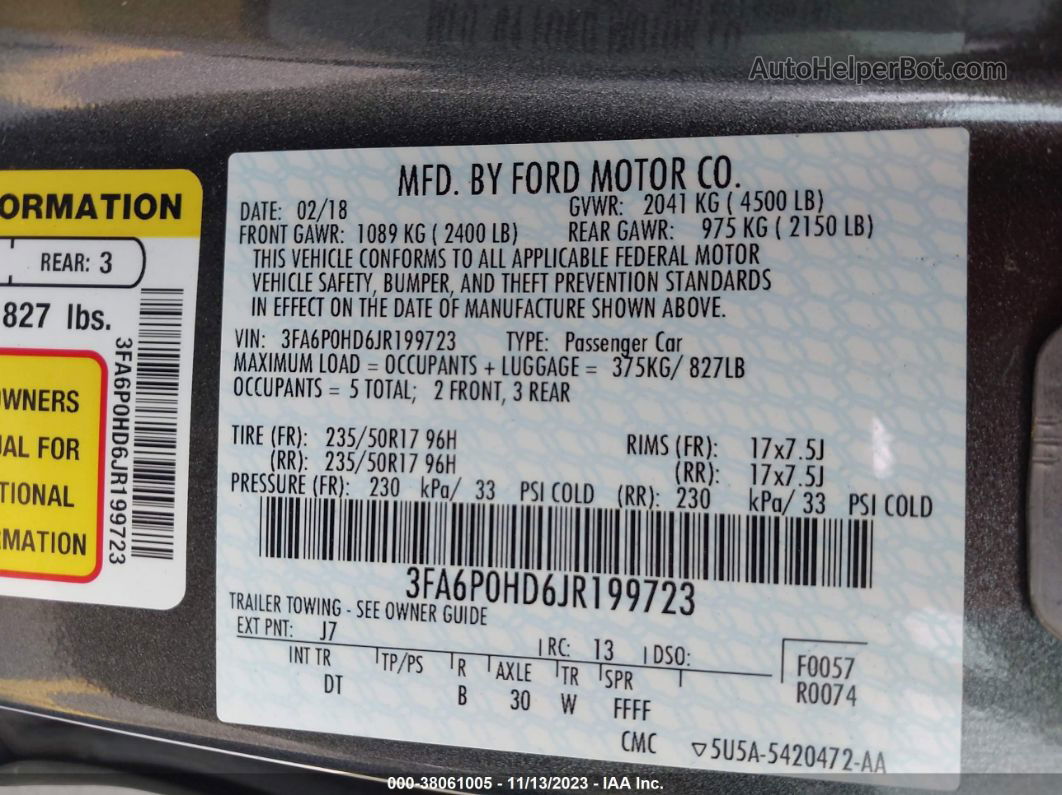 2018 Ford Fusion Se Gray vin: 3FA6P0HD6JR199723