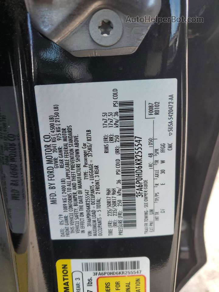 2019 Ford Fusion Se Black vin: 3FA6P0HD6KR255547