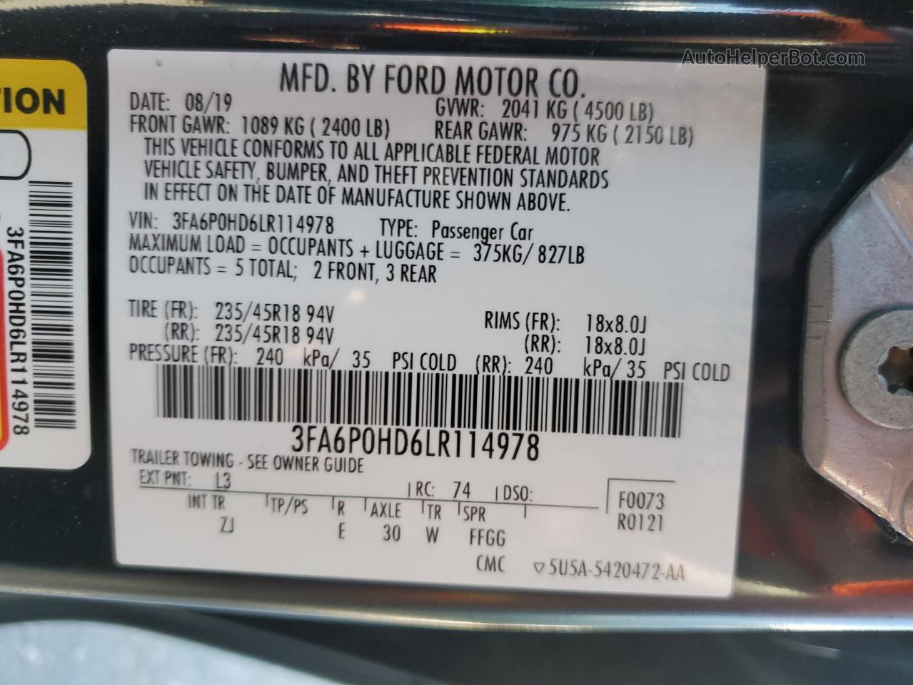 2020 Ford Fusion Se Blue vin: 3FA6P0HD6LR114978