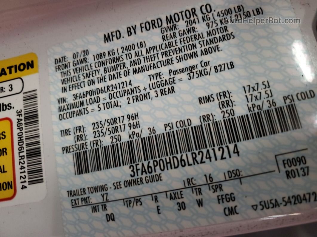 2020 Ford Fusion Se vin: 3FA6P0HD6LR241214