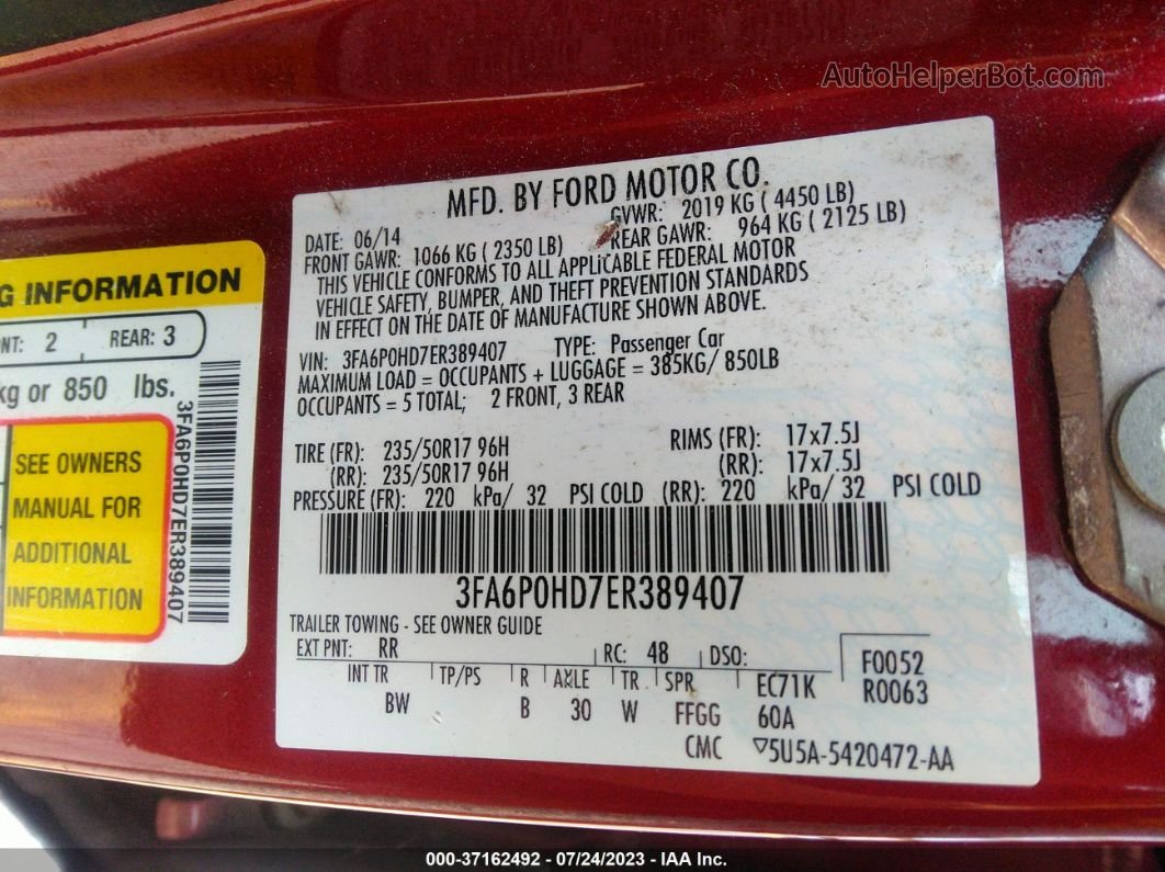 2014 Ford Fusion Se Красный vin: 3FA6P0HD7ER389407