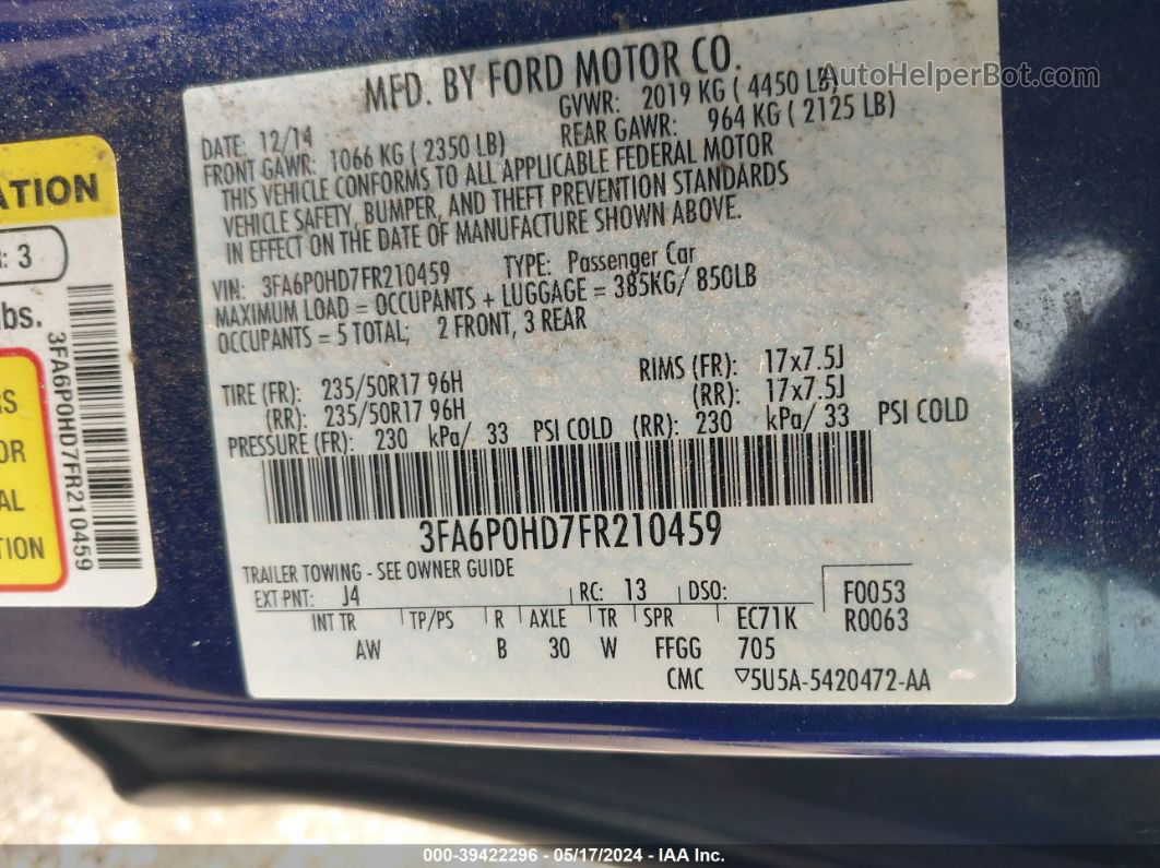 2015 Ford Fusion Se Blue vin: 3FA6P0HD7FR210459