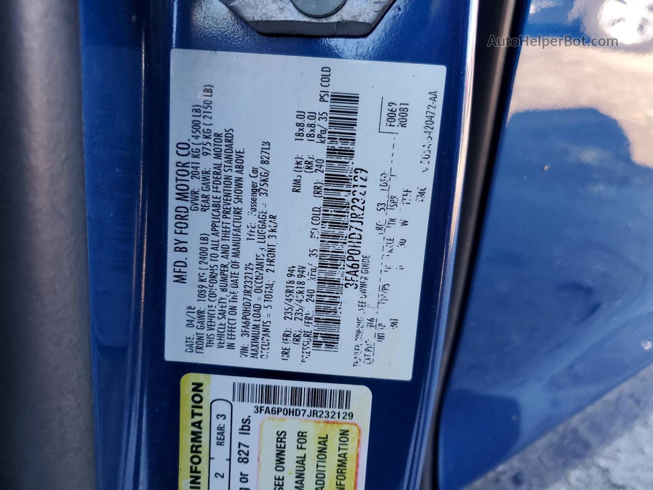 2018 Ford Fusion Se Blue vin: 3FA6P0HD7JR232129