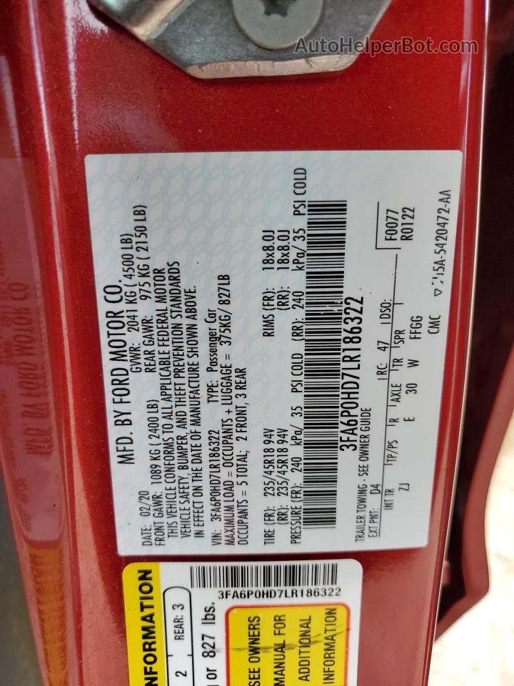 2020 Ford Fusion Se Red vin: 3FA6P0HD7LR186322