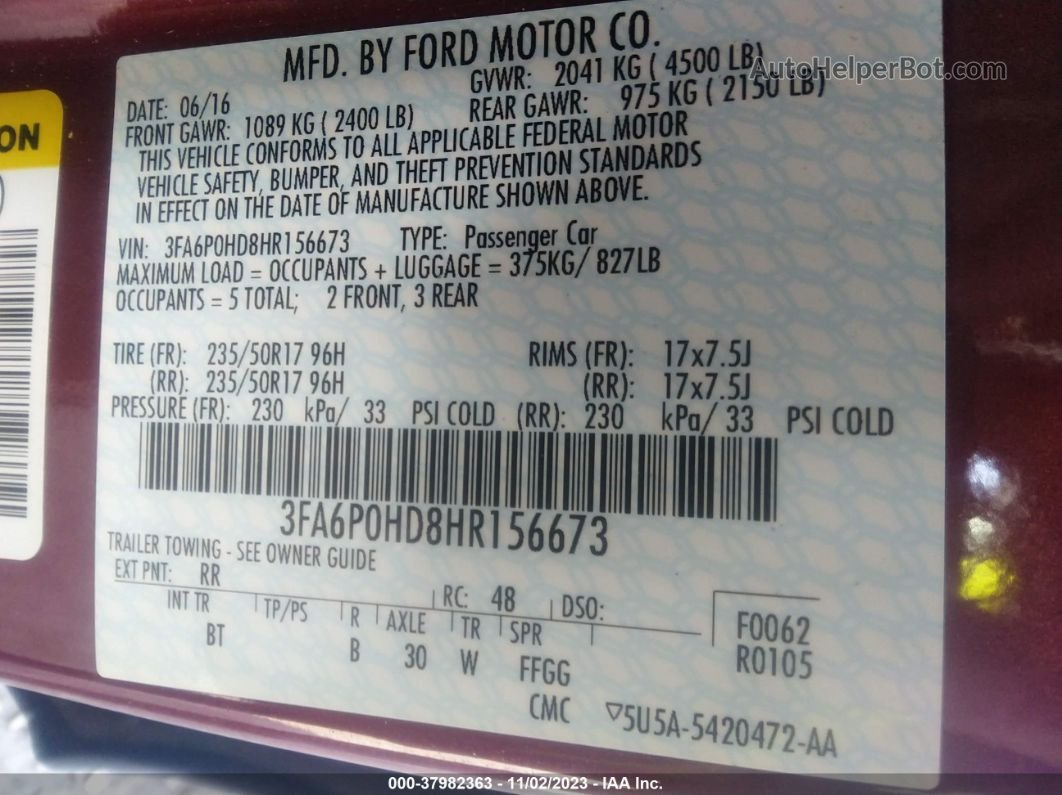 2017 Ford Fusion Se Красный vin: 3FA6P0HD8HR156673