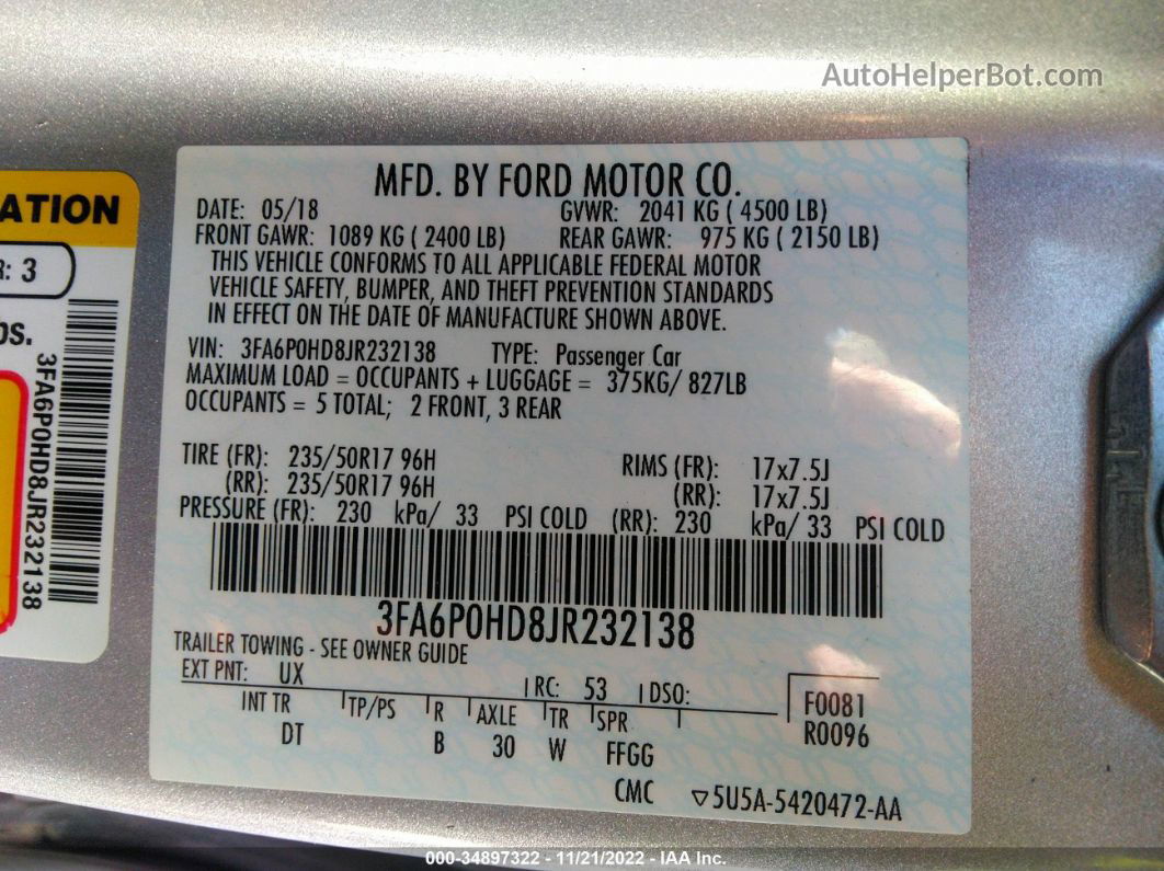 2018 Ford Fusion Se Silver vin: 3FA6P0HD8JR232138