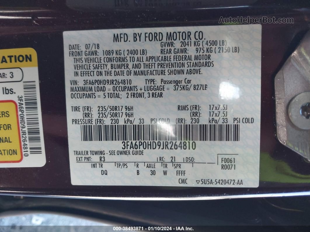 2018 Ford Fusion Se Maroon vin: 3FA6P0HD9JR264810