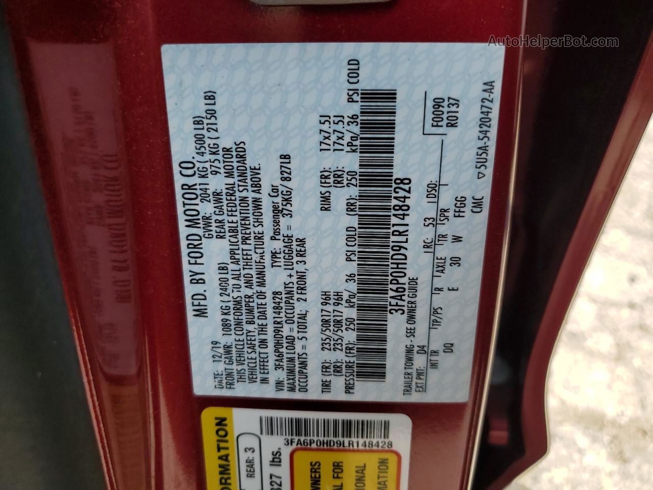 2020 Ford Fusion Se Red vin: 3FA6P0HD9LR148428