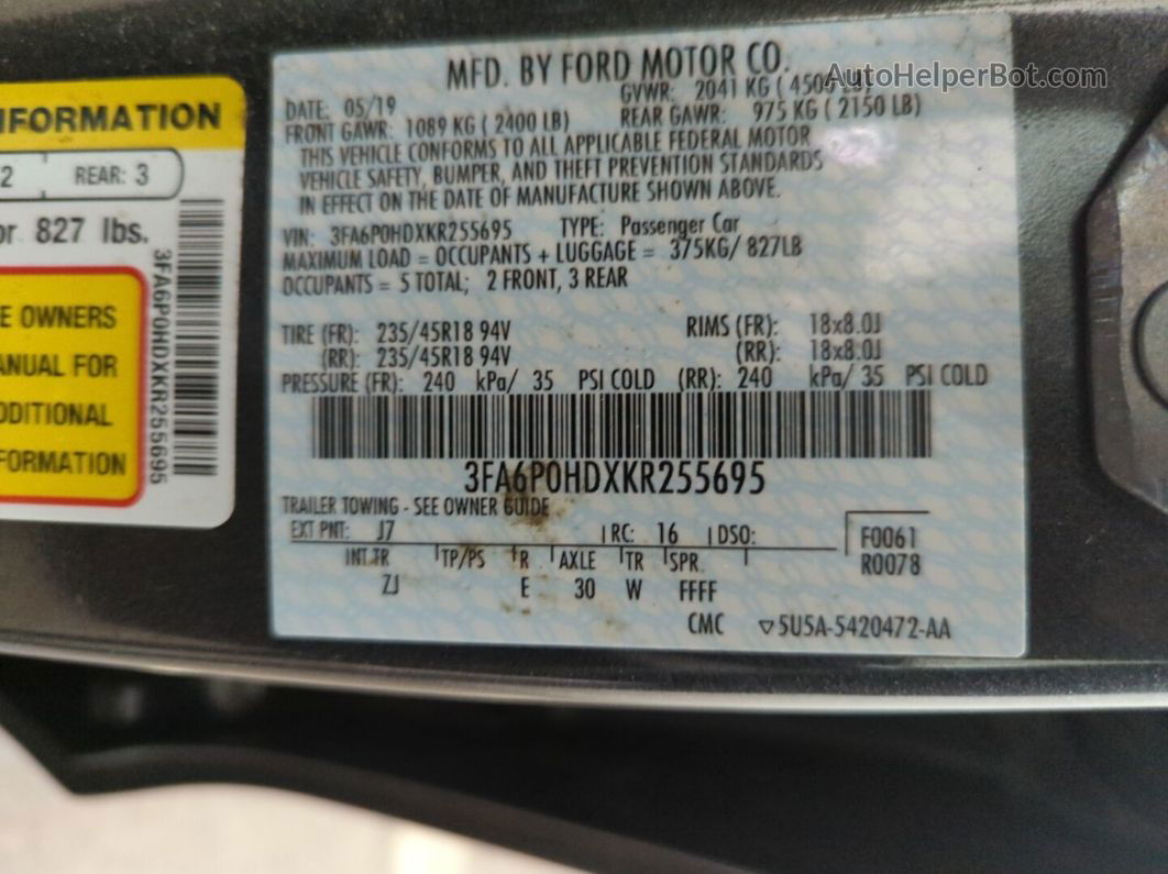 2019 Ford Fusion Se vin: 3FA6P0HDXKR255695