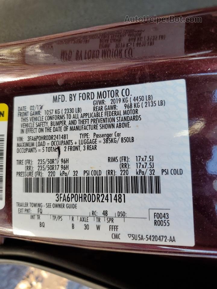 2013 Ford Fusion Se Maroon vin: 3FA6P0HR0DR241481