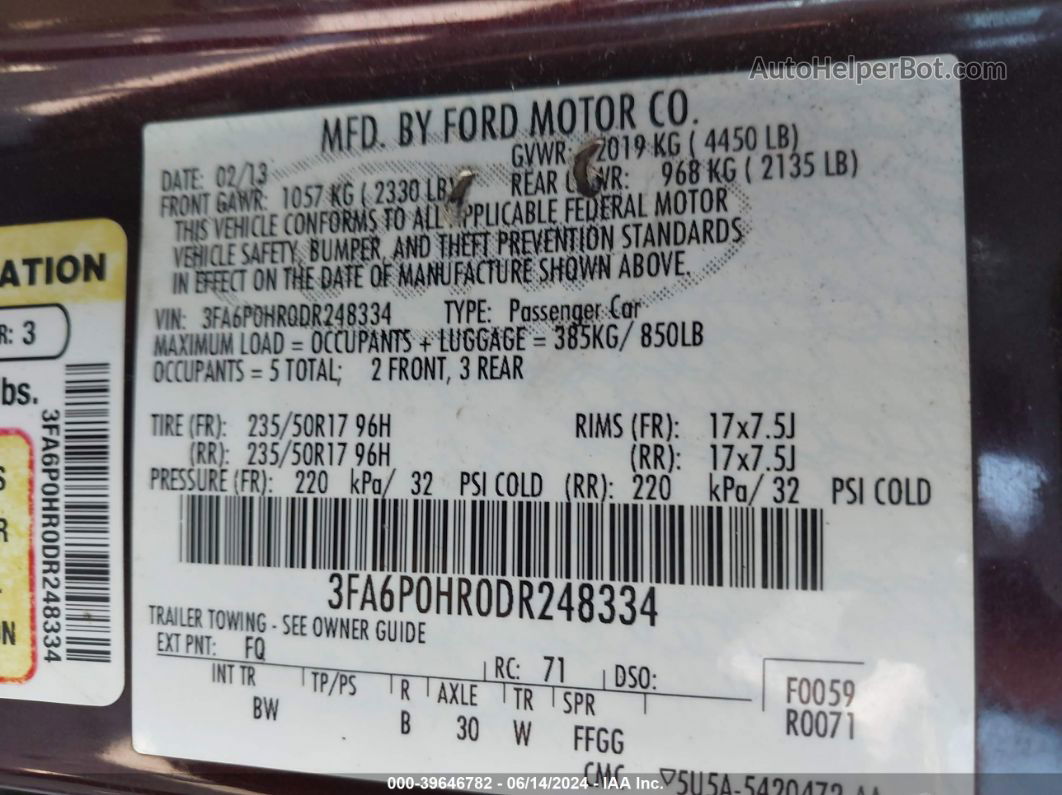 2013 Ford Fusion Se Maroon vin: 3FA6P0HR0DR248334