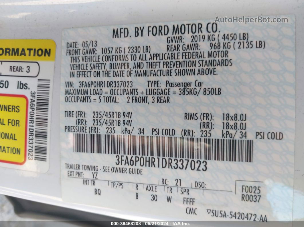 2013 Ford Fusion Se White vin: 3FA6P0HR1DR337023