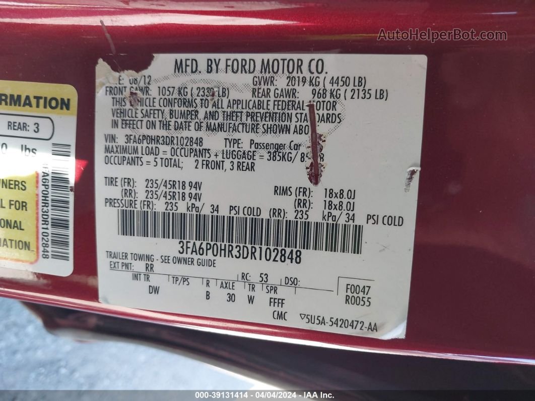 2013 Ford Fusion Se Red vin: 3FA6P0HR3DR102848