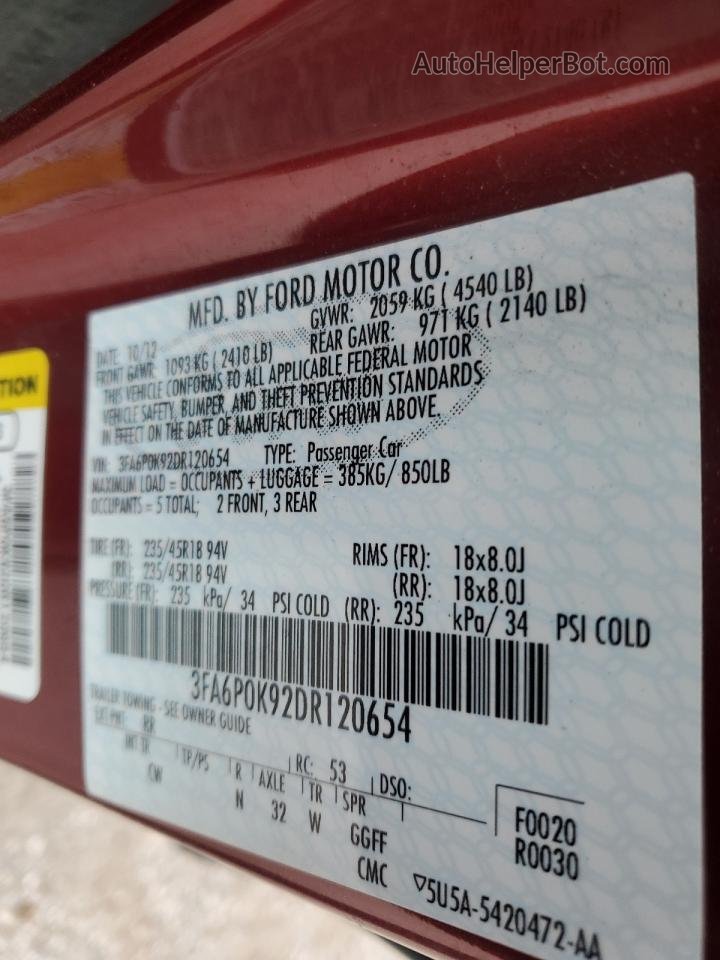 2013 Ford Fusion Titanium Красный vin: 3FA6P0K92DR120654