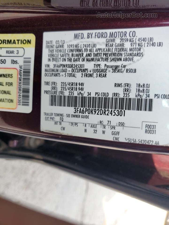 2013 Ford Fusion Titanium Бордовый vin: 3FA6P0K92DR245301