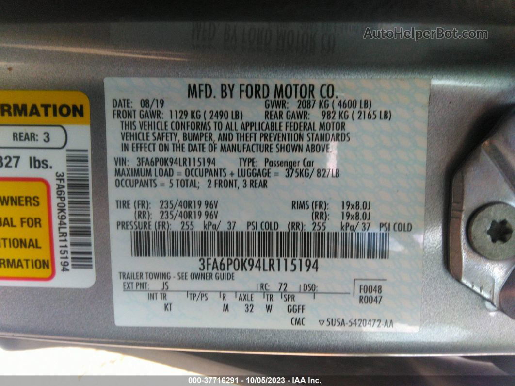 2020 Ford Fusion Titanium Gray vin: 3FA6P0K94LR115194