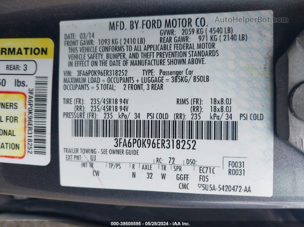 2014 Ford Fusion Titanium Gray vin: 3FA6P0K96ER318252