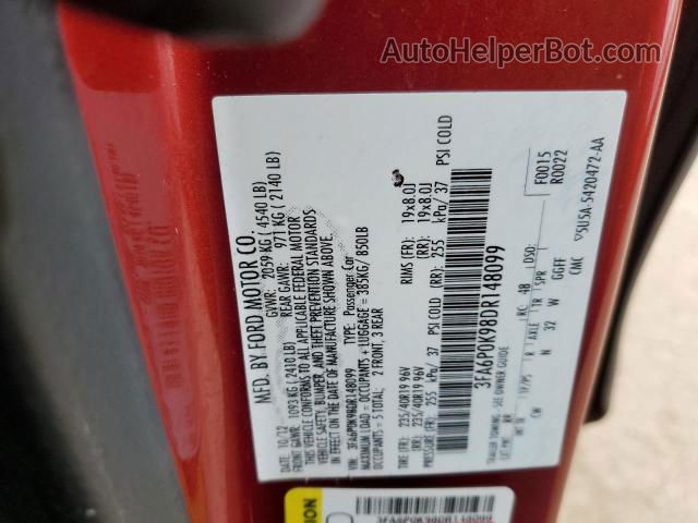 2013 Ford Fusion Titanium Red vin: 3FA6P0K98DR148099