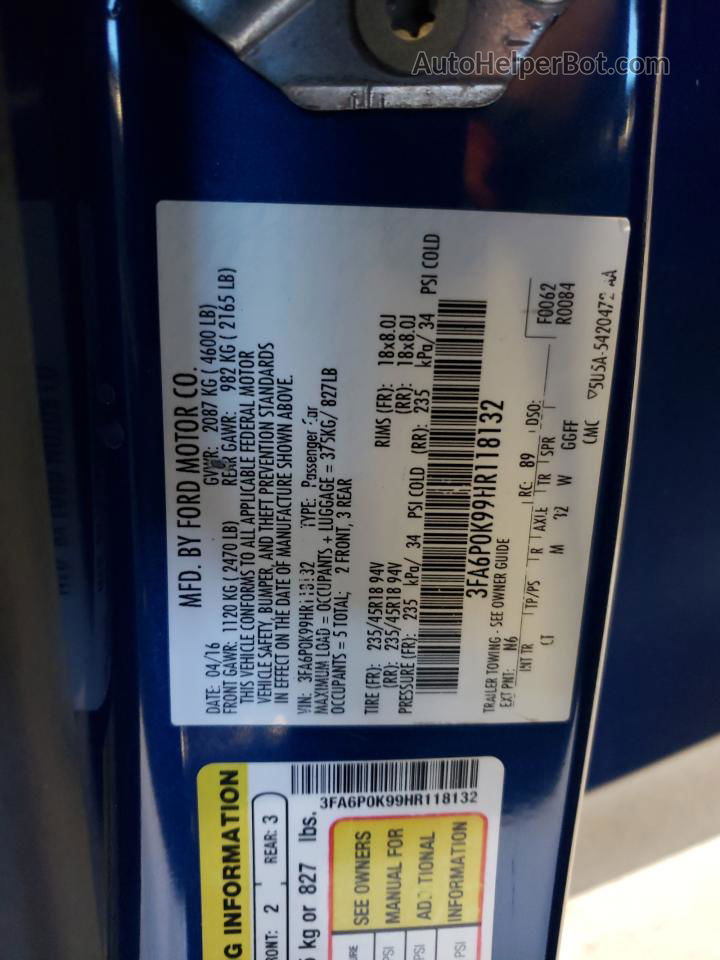 2017 Ford Fusion Titanium Синий vin: 3FA6P0K99HR118132