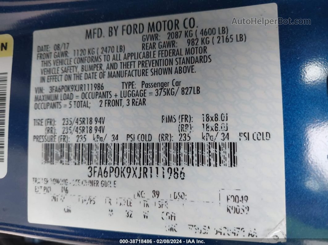 2018 Ford Fusion Titanium Синий vin: 3FA6P0K9XJR111986