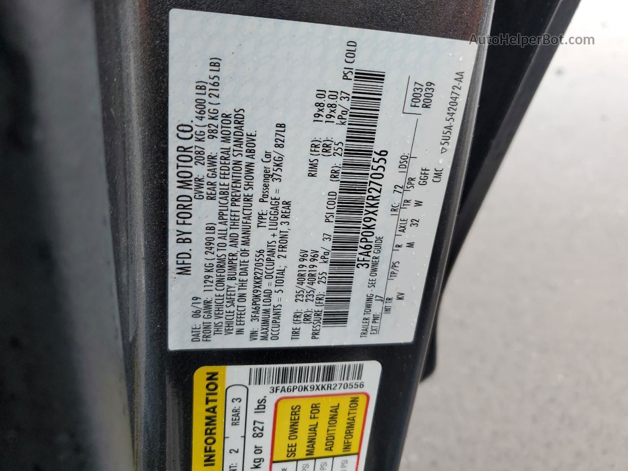 2019 Ford Fusion Titanium Gray vin: 3FA6P0K9XKR270556