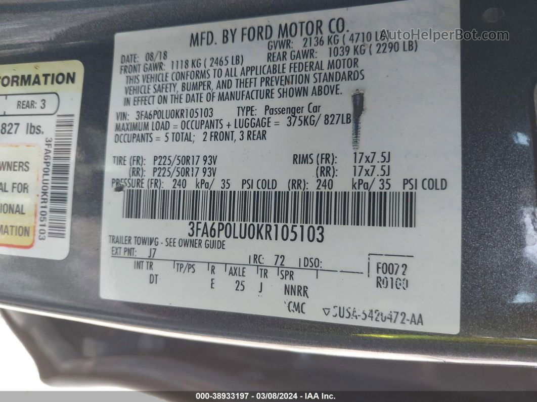 2019 Ford Fusion Hybrid Se Серый vin: 3FA6P0LU0KR105103