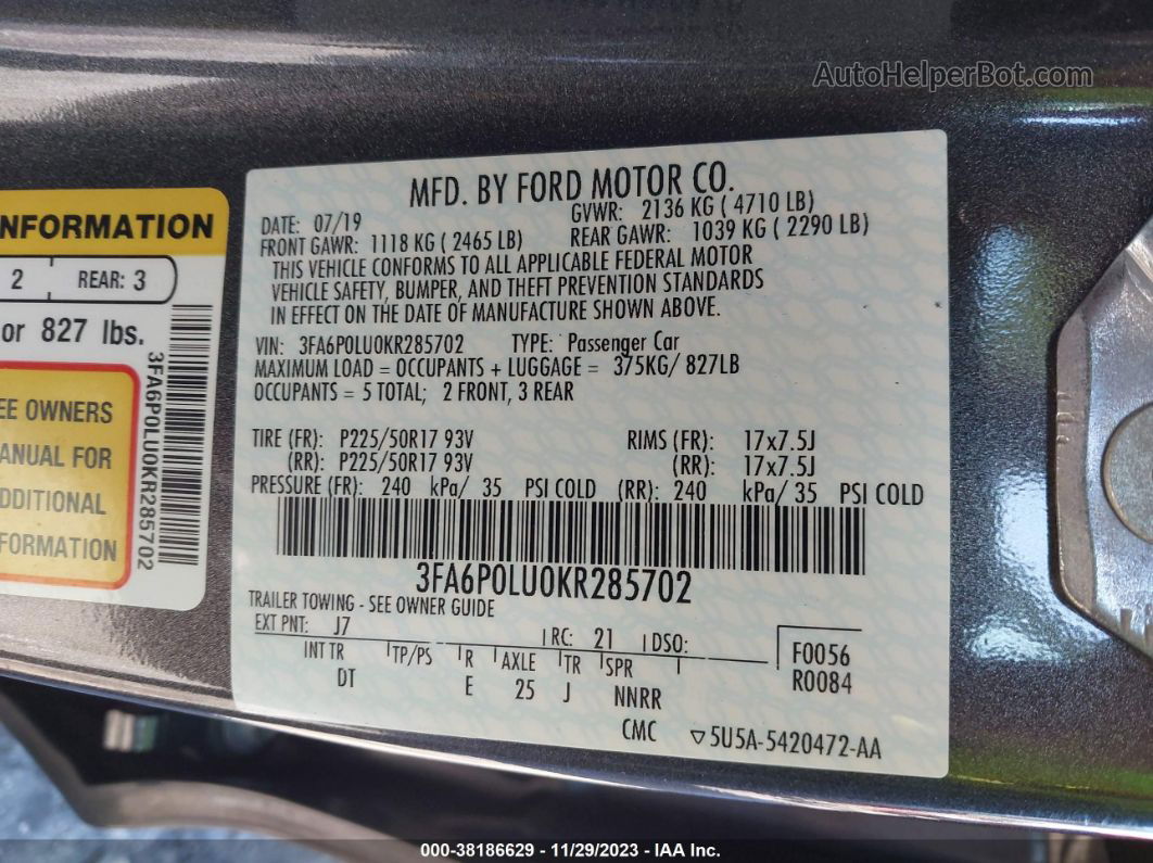 2019 Ford Fusion Hybrid Se Gray vin: 3FA6P0LU0KR285702