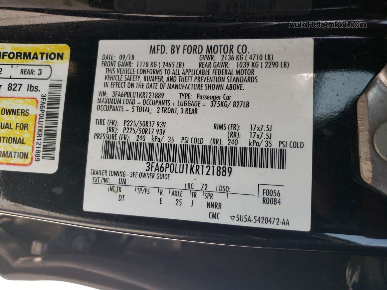 2019 Ford Fusion Se Black vin: 3FA6P0LU1KR121889