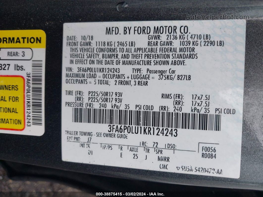 2019 Ford Fusion Hybrid Se Gray vin: 3FA6P0LU1KR124243