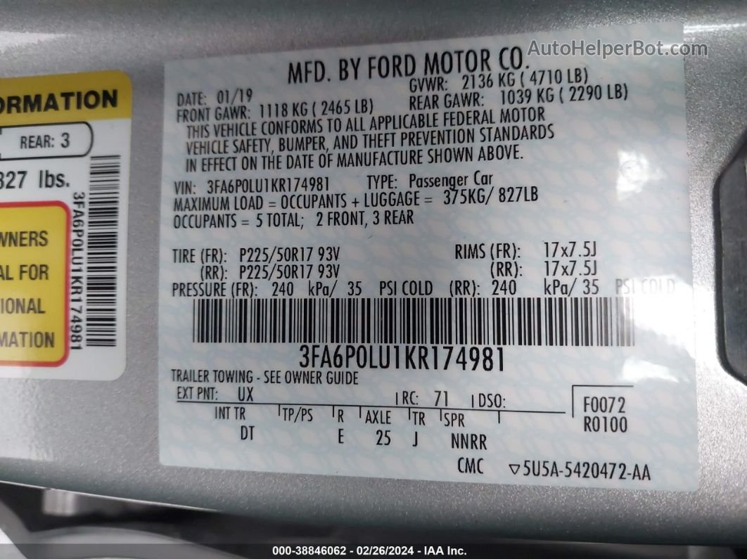 2019 Ford Fusion Hybrid Se Silver vin: 3FA6P0LU1KR174981