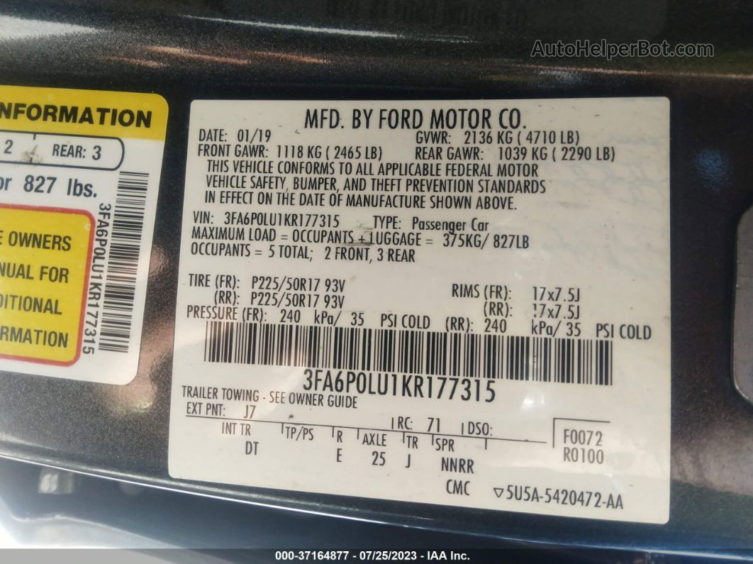 2019 Ford Fusion Hybrid Se Gray vin: 3FA6P0LU1KR177315