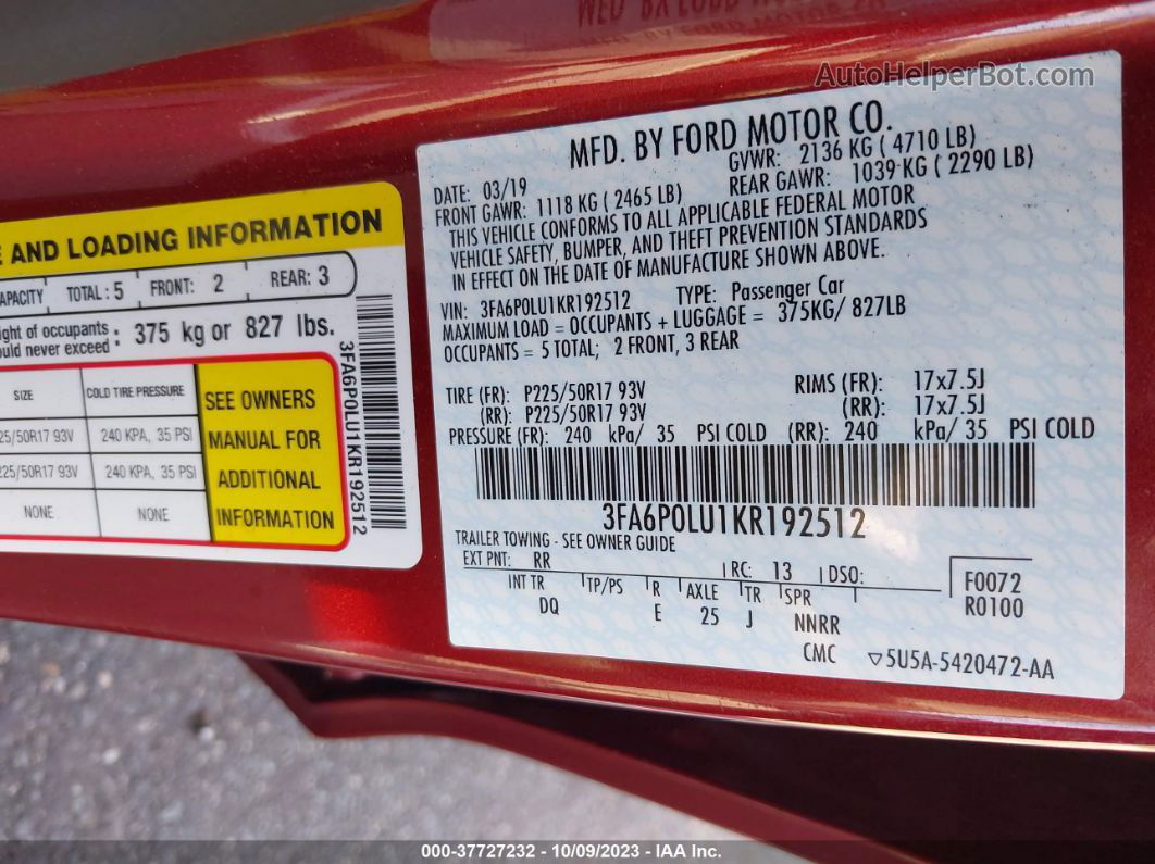 2019 Ford Fusion Hybrid Se Red vin: 3FA6P0LU1KR192512