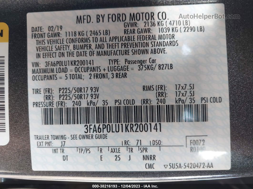 2019 Ford Fusion Hybrid Se Серый vin: 3FA6P0LU1KR200141