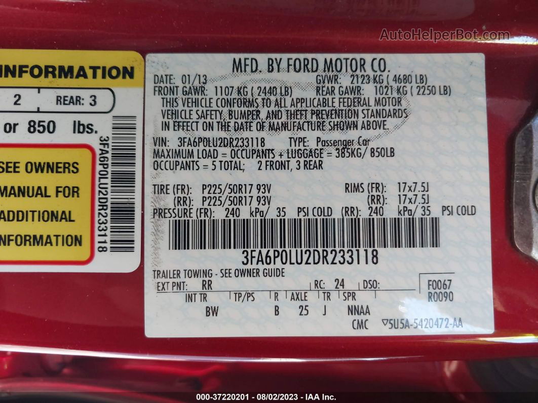 2013 Ford Fusion Se Hybrid Red vin: 3FA6P0LU2DR233118
