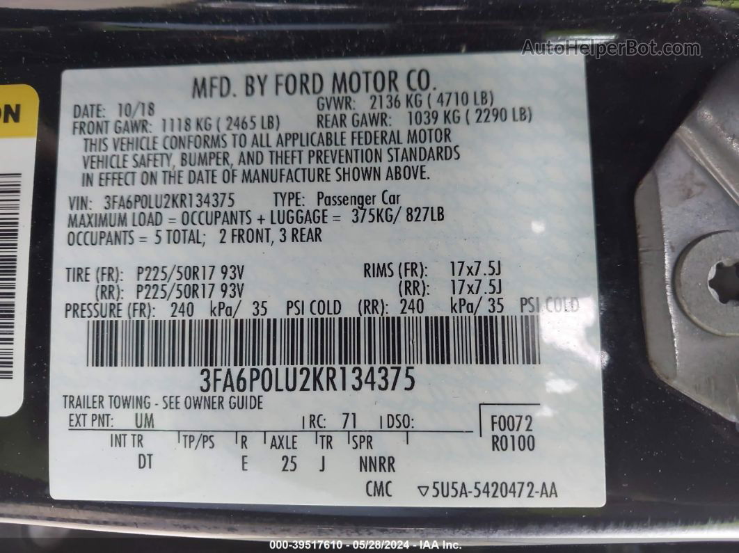 2019 Ford Fusion Hybrid Se Black vin: 3FA6P0LU2KR134375