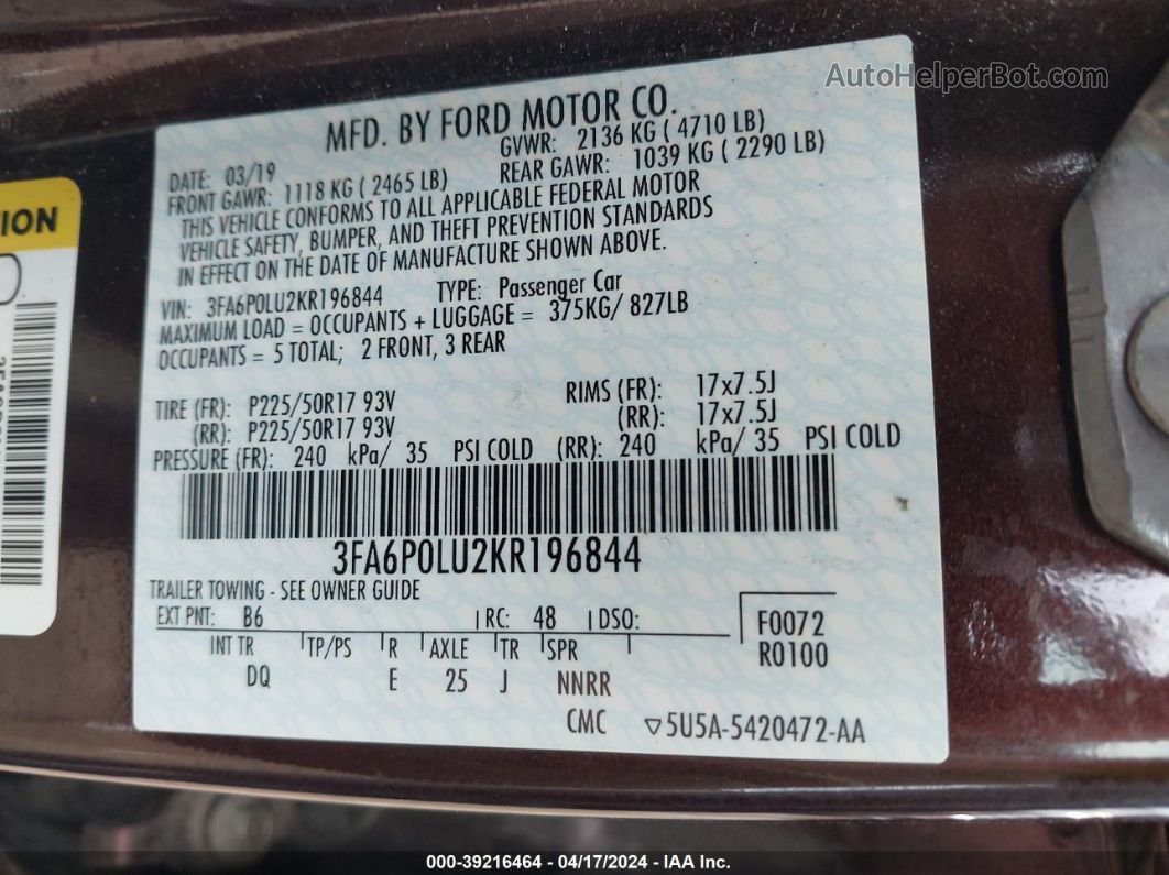2019 Ford Fusion Hybrid Se Brown vin: 3FA6P0LU2KR196844