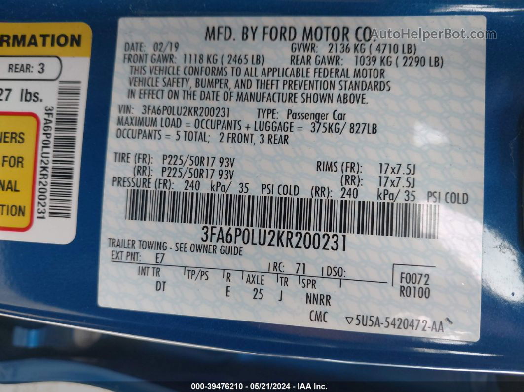 2019 Ford Fusion Hybrid Se Blue vin: 3FA6P0LU2KR200231