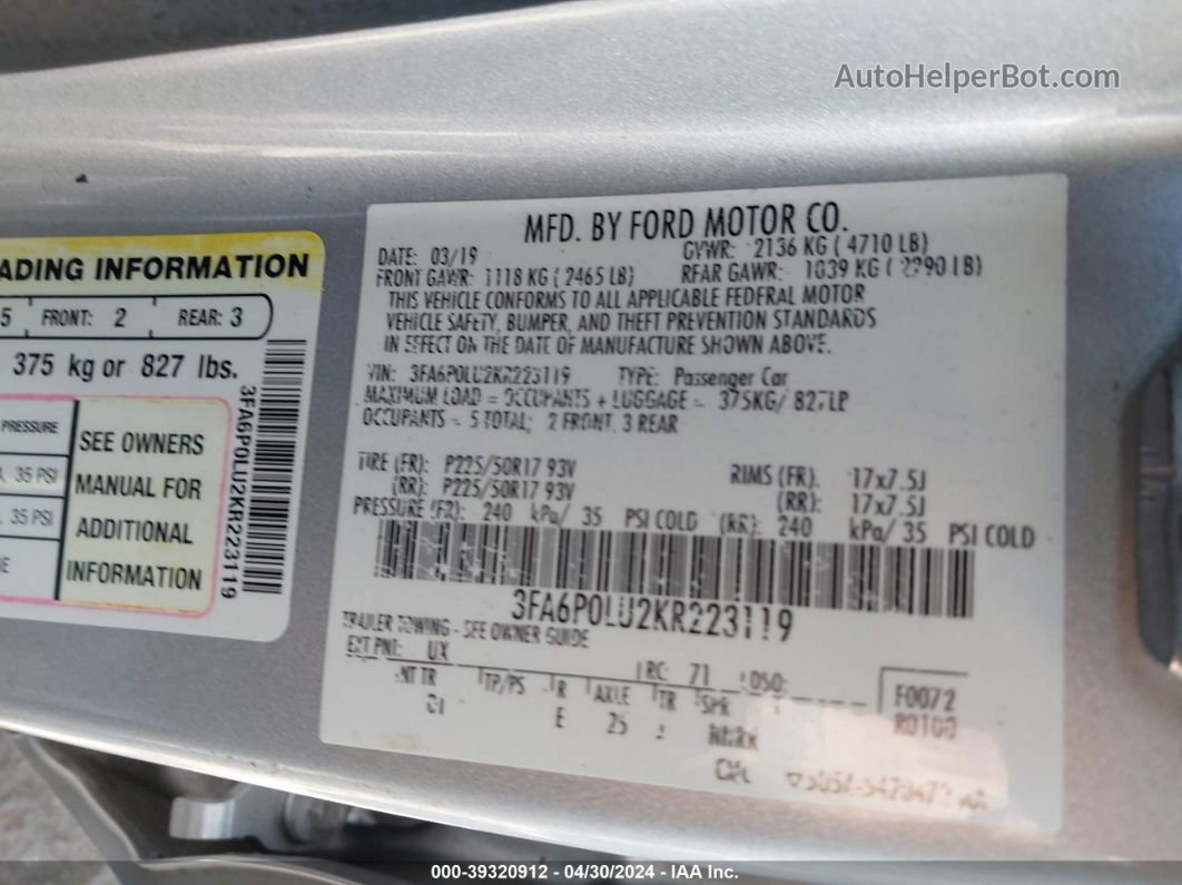 2019 Ford Fusion Hybrid Se Silver vin: 3FA6P0LU2KR223119