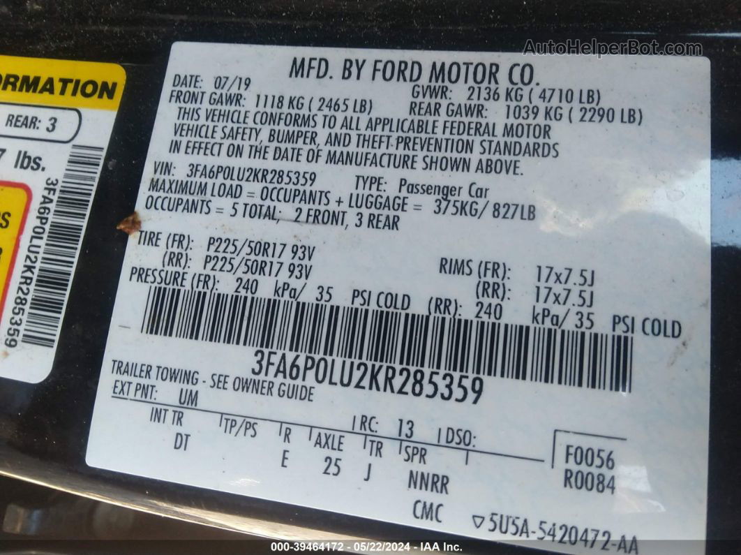 2019 Ford Fusion Hybrid Se Black vin: 3FA6P0LU2KR285359