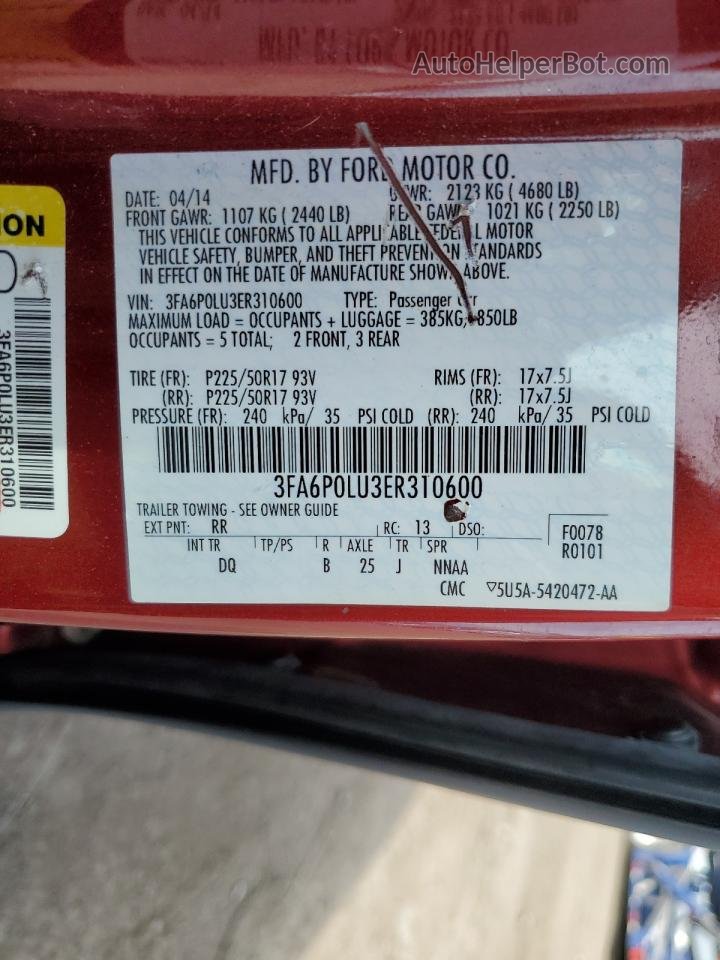 2014 Ford Fusion Se Hybrid Красный vin: 3FA6P0LU3ER310600