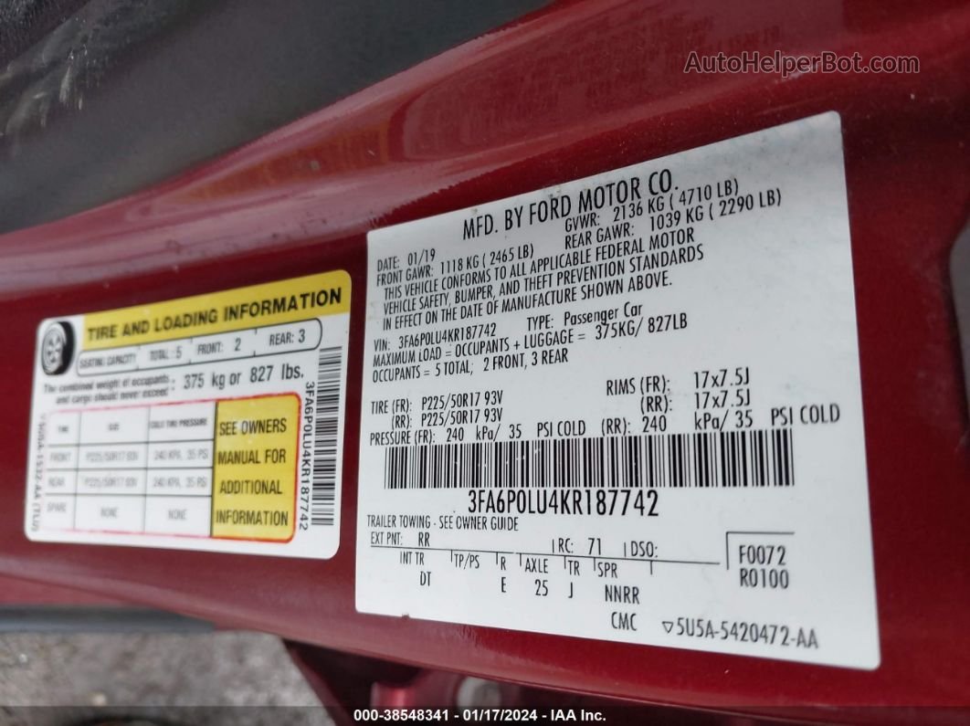 2019 Ford Fusion Hybrid Se Red vin: 3FA6P0LU4KR187742
