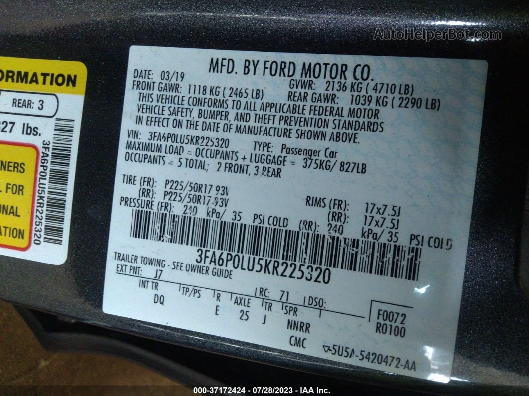 2019 Ford Fusion Hybrid Se Gray vin: 3FA6P0LU5KR225320