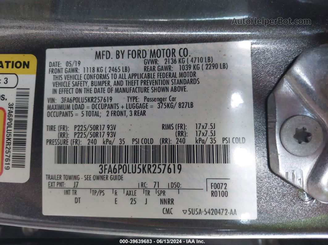 2019 Ford Fusion Hybrid Se Серый vin: 3FA6P0LU5KR257619