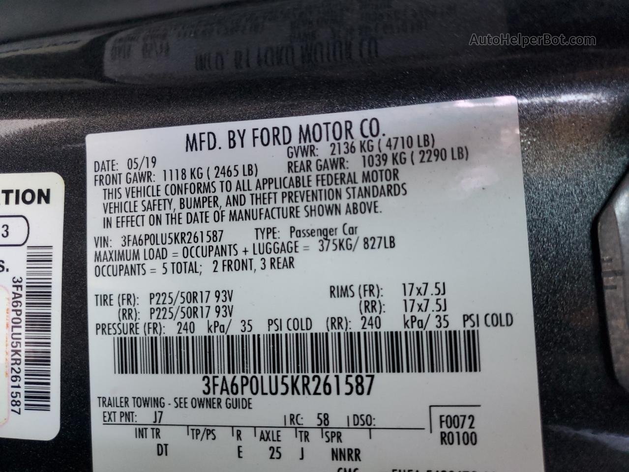 2019 Ford Fusion Se Charcoal vin: 3FA6P0LU5KR261587