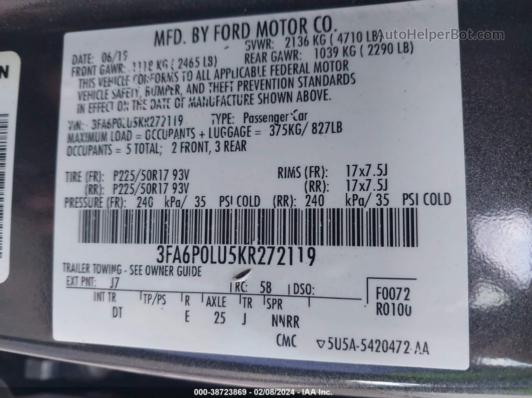 2019 Ford Fusion Hybrid Se Gray vin: 3FA6P0LU5KR272119