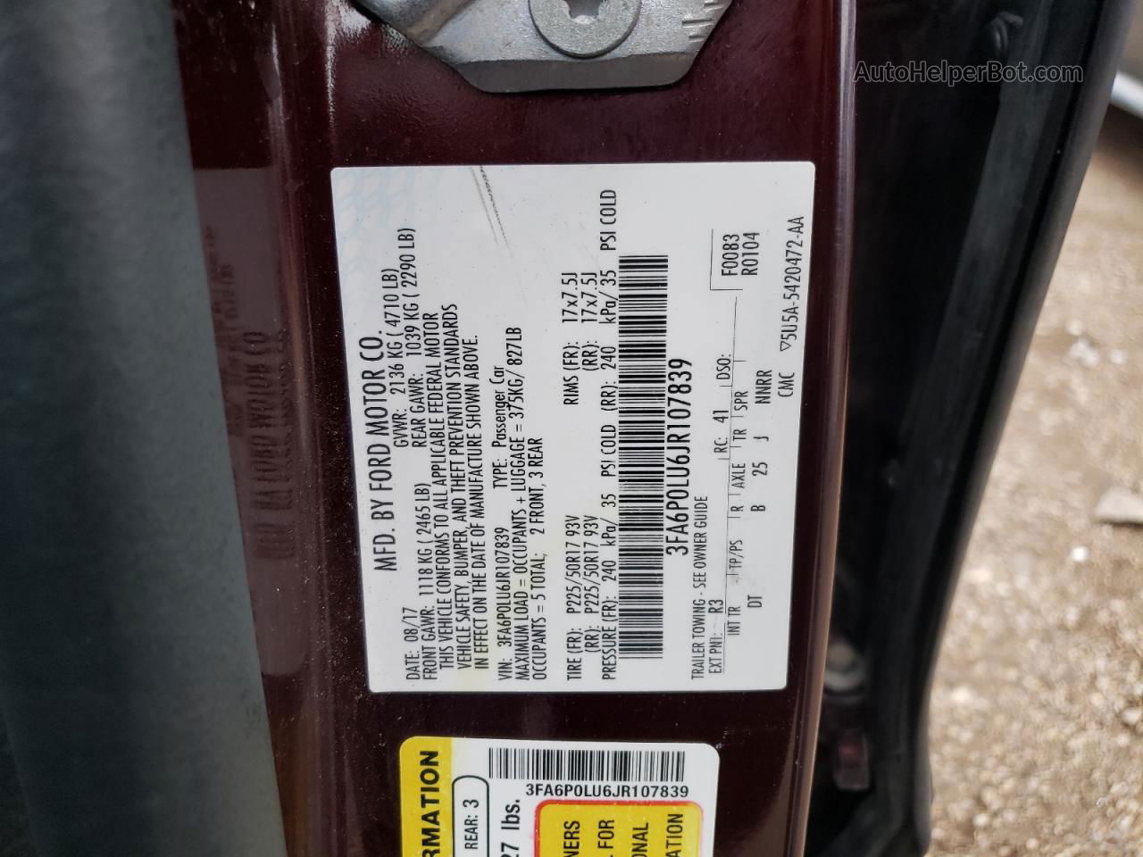 2018 Ford Fusion Se Hybrid Maroon vin: 3FA6P0LU6JR107839