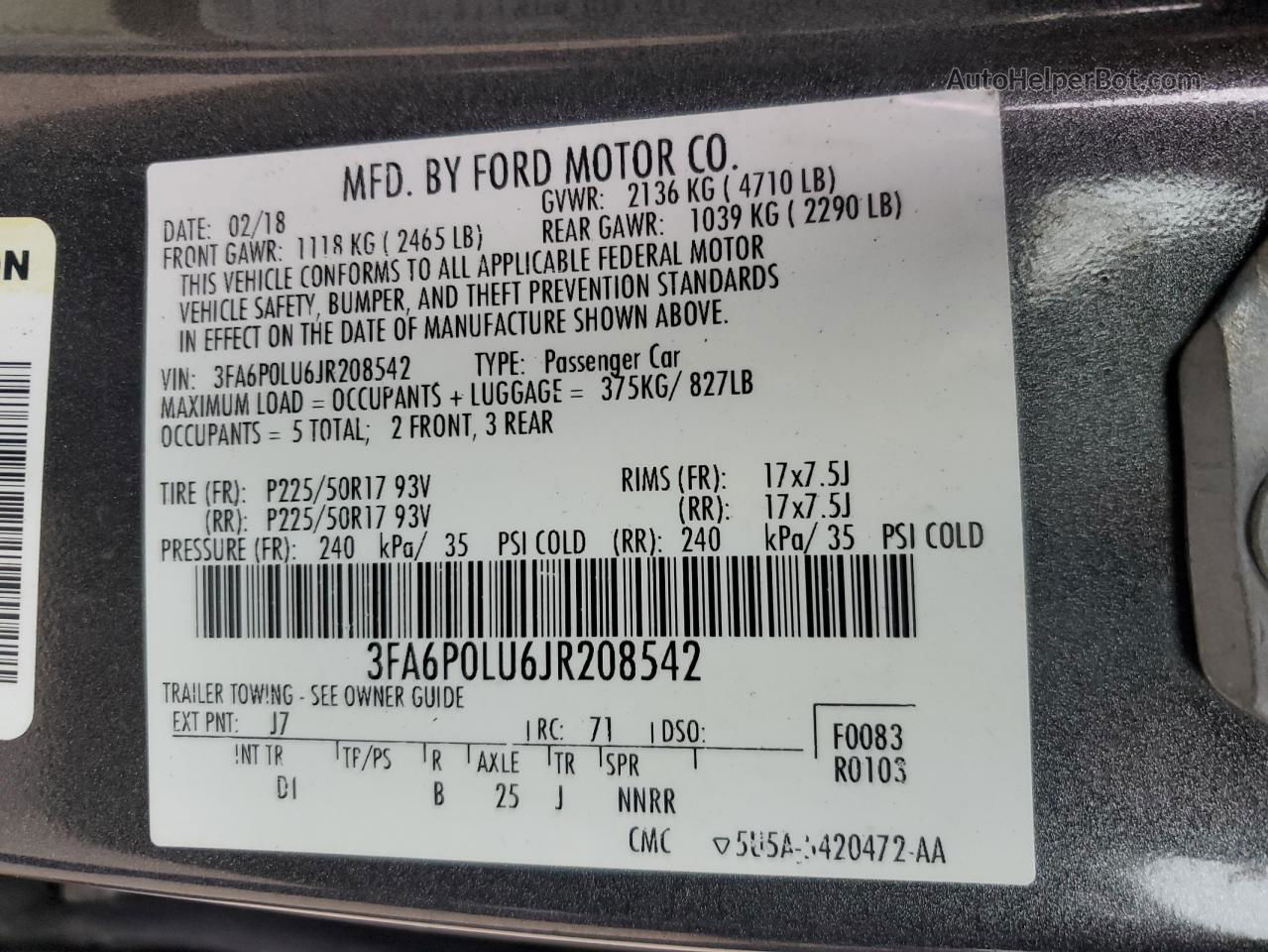 2018 Ford Fusion Se Hybrid Gray vin: 3FA6P0LU6JR208542