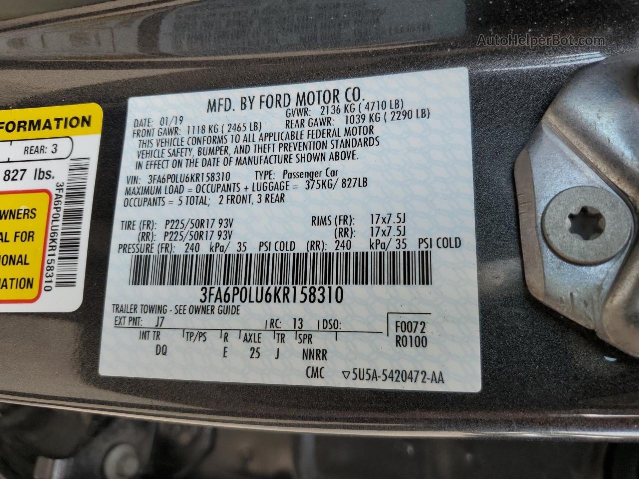 2019 Ford Fusion Se Gray vin: 3FA6P0LU6KR158310