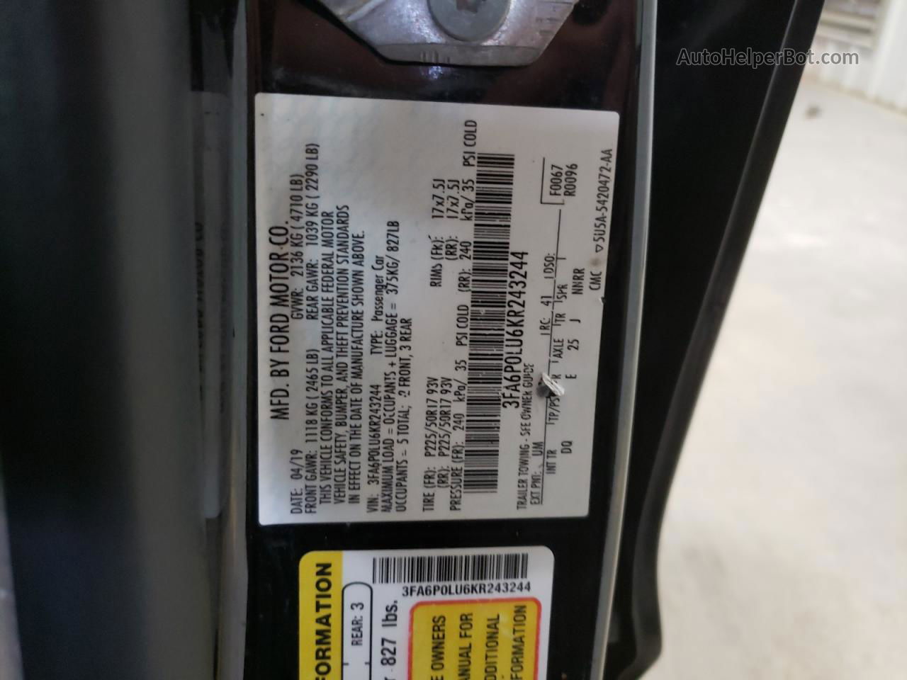 2019 Ford Fusion Se Черный vin: 3FA6P0LU6KR243244