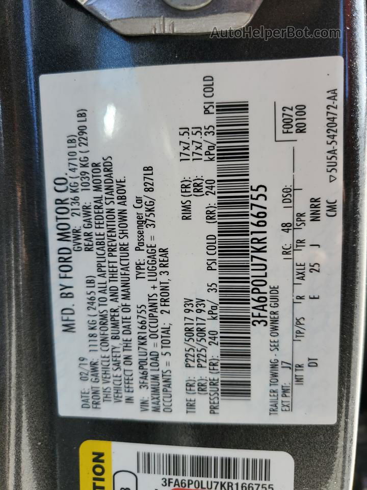 2019 Ford Fusion Se Charcoal vin: 3FA6P0LU7KR166755